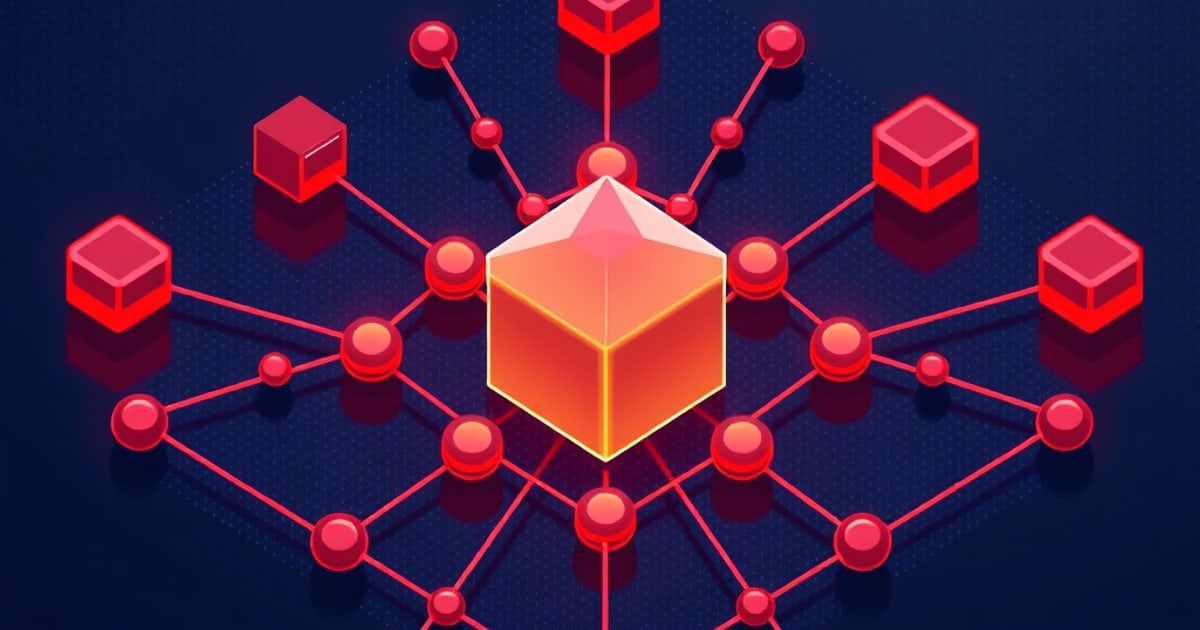 A glowing orange cube placed at the center of a red isometric mesh of linked spheres, with darker red cubes ringing the outer edges on dark navy.