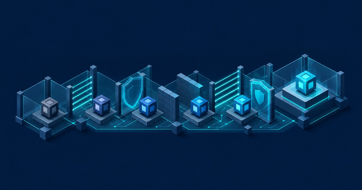 Isometric row of glowing blue cubes on pedestals separated by shields, brick walls and laser gates, ranking AI models by jailbreak resistance on a dark circuit board