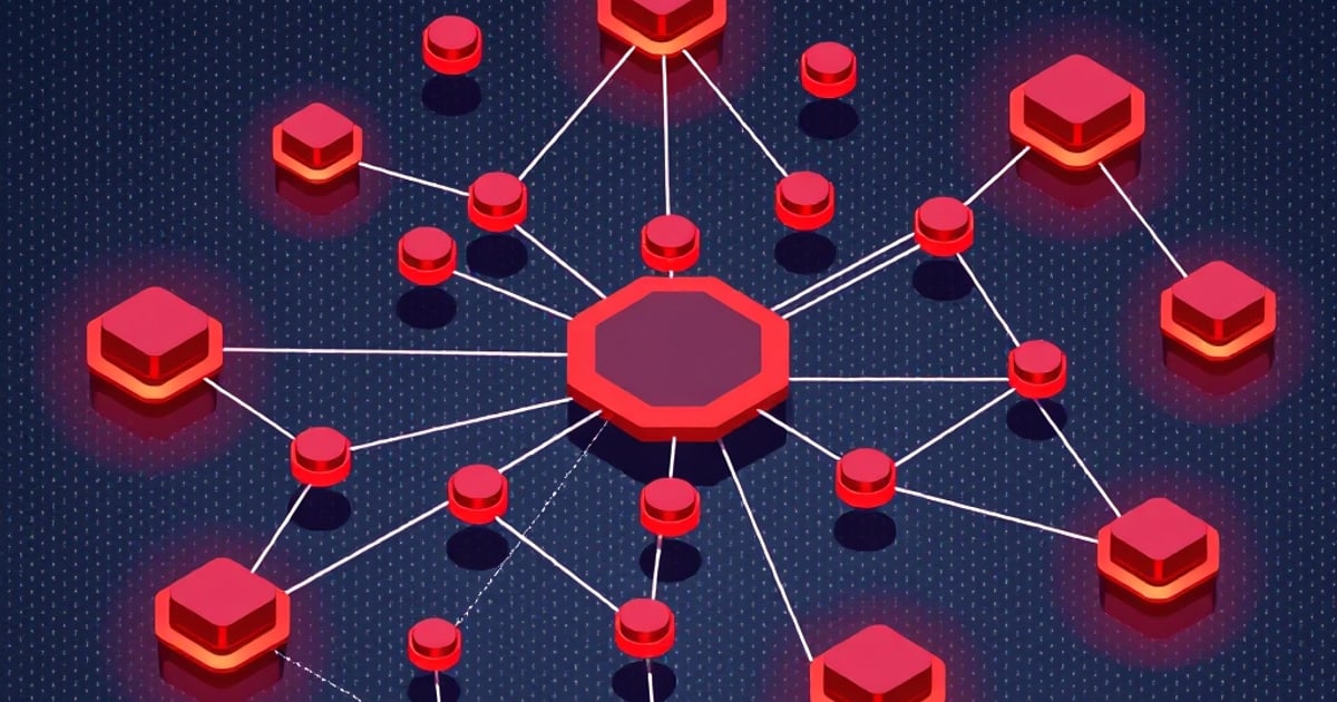 Flat isometric illustration of a dark red octagonal hub wired by white lines to many red pucks and slabs across a dotted navy field.