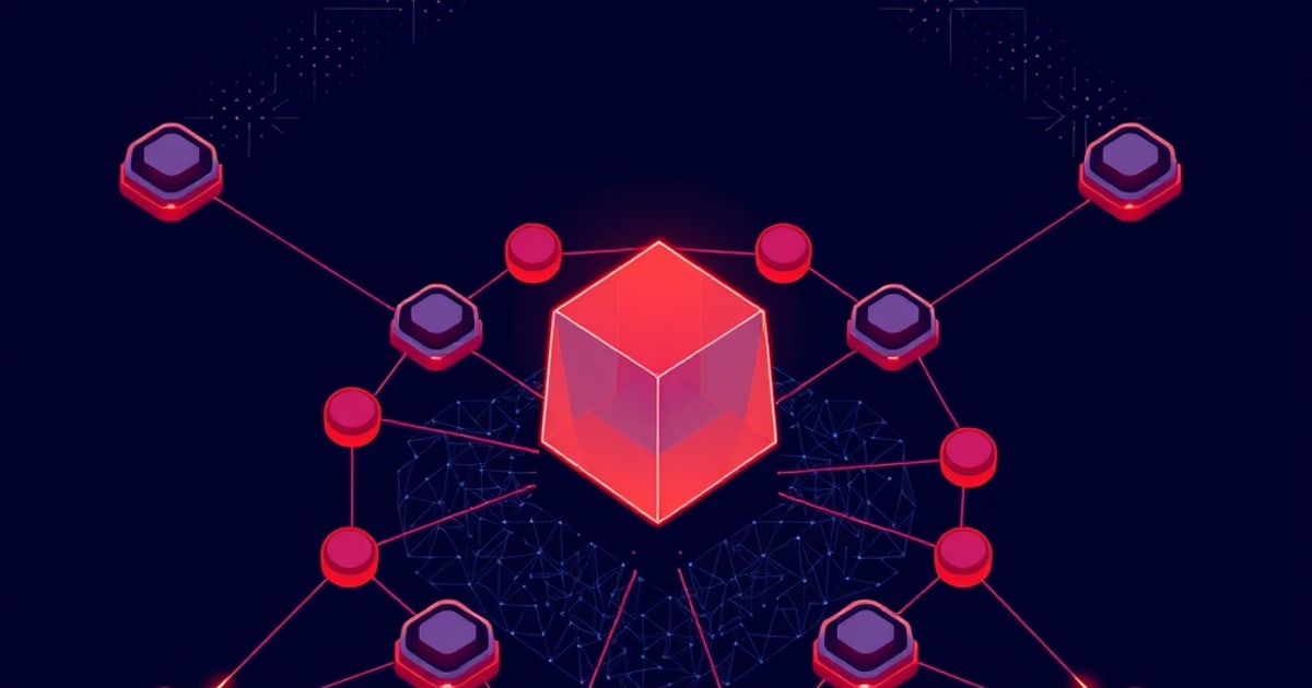 Flat isometric illustration of a glowing red cube at the center of a symmetric web of red discs and purple hexagonal pads on near-black.