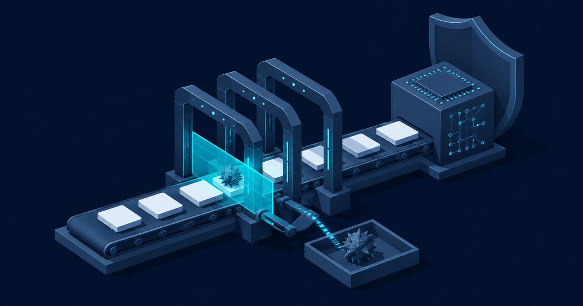 An isometric blue conveyor scans spiked digital threats through glowing gates before a secure processor and shield.