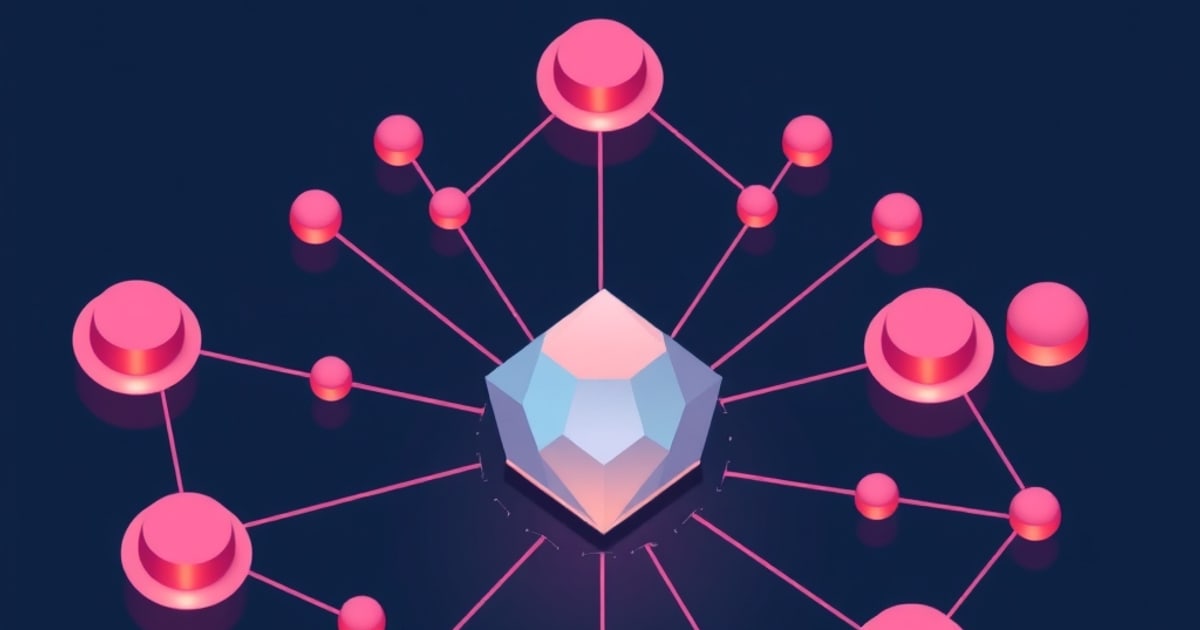 Isometric illustration of a pink cube on a dashed grid flanked by two jagged extruded curves, representing scoring a model against evaluation metrics