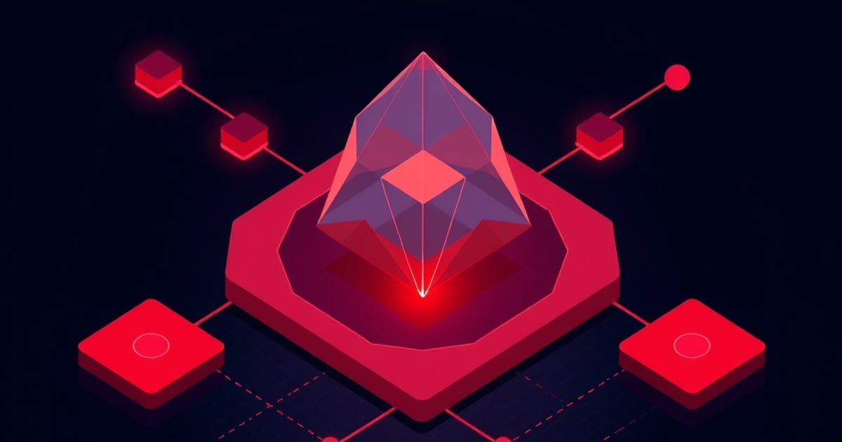 Flat isometric illustration of a faceted violet-red prism standing on a red octagonal platform, with small red cube nodes wired in at each corner