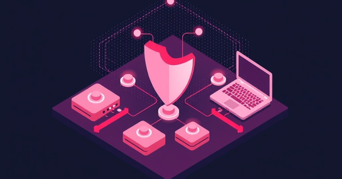Isometric illustration of a shield wired to a laptop and hardware modules on a dark platform, representing open-source scanners probing LLM systems