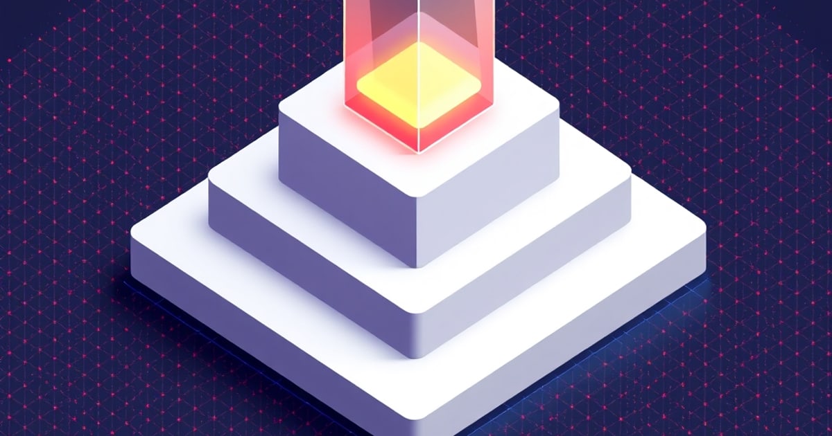 Isometric three-tier white stepped platform topped by a glowing red and yellow translucent pillar on a dark navy grid, evoking layered LLM risk benchmarks
