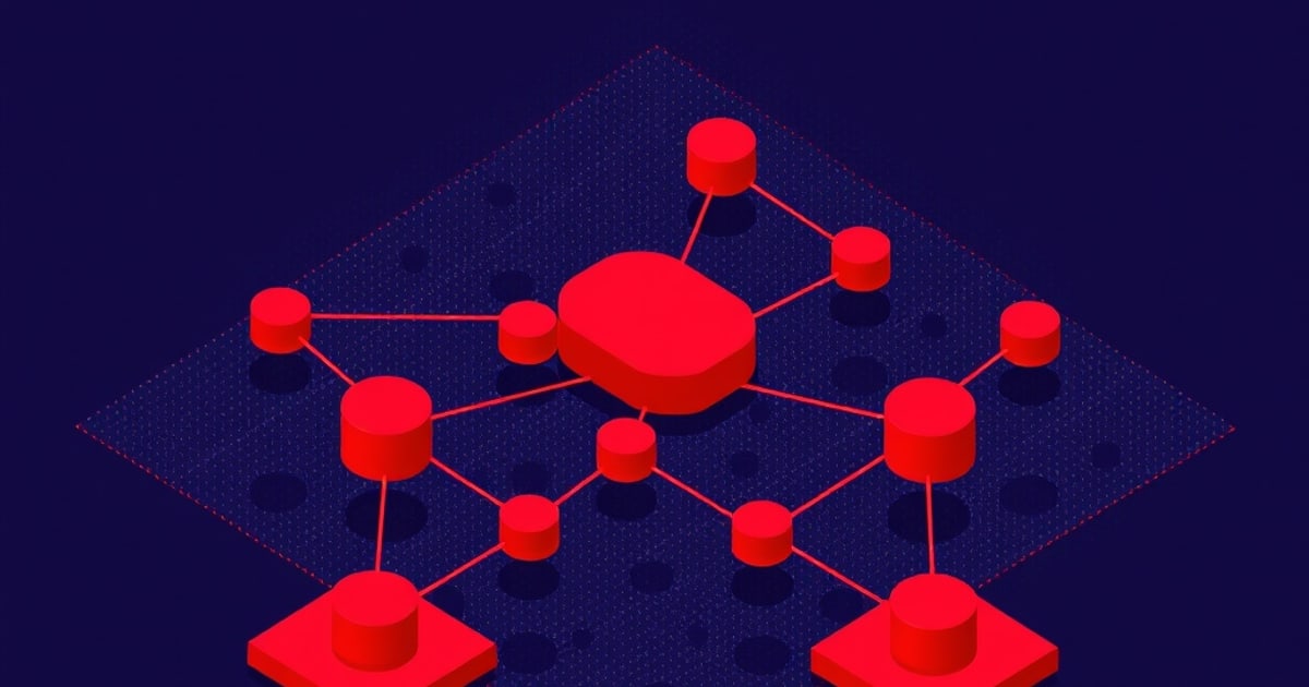 Isometric red cylinders linked by thin lines into a network on a dotted navy grid, suggesting how a detector benchmark connects its many test components